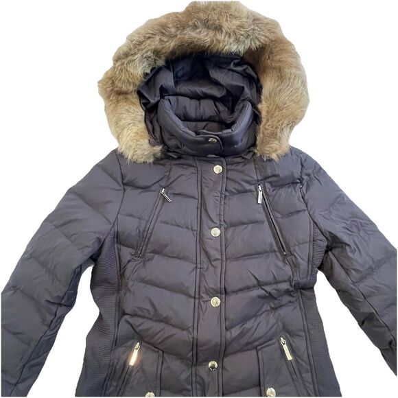 NWT Michael Kors Faux Fur Hooded Coat MK Logo Brown Down Jacket Charcoal - PS - Picture 3 of 16